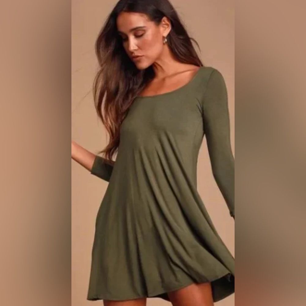 Lulus Twirl Power Olive Green Swing Dress Size Medium EUC Fall Fairy